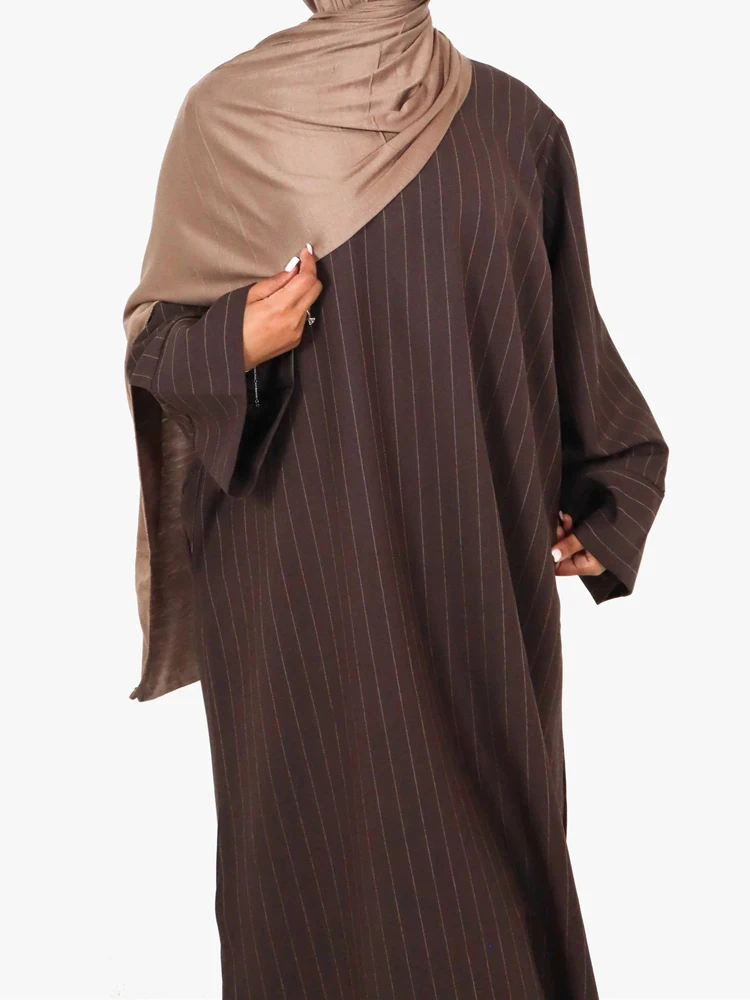 

Pinstripe Muslim Woman Dress Loose Casual Islamic Clothing Dubai Abaya Side Pockets Modest Outfits Ramadan Eid Kaftan Autumn
