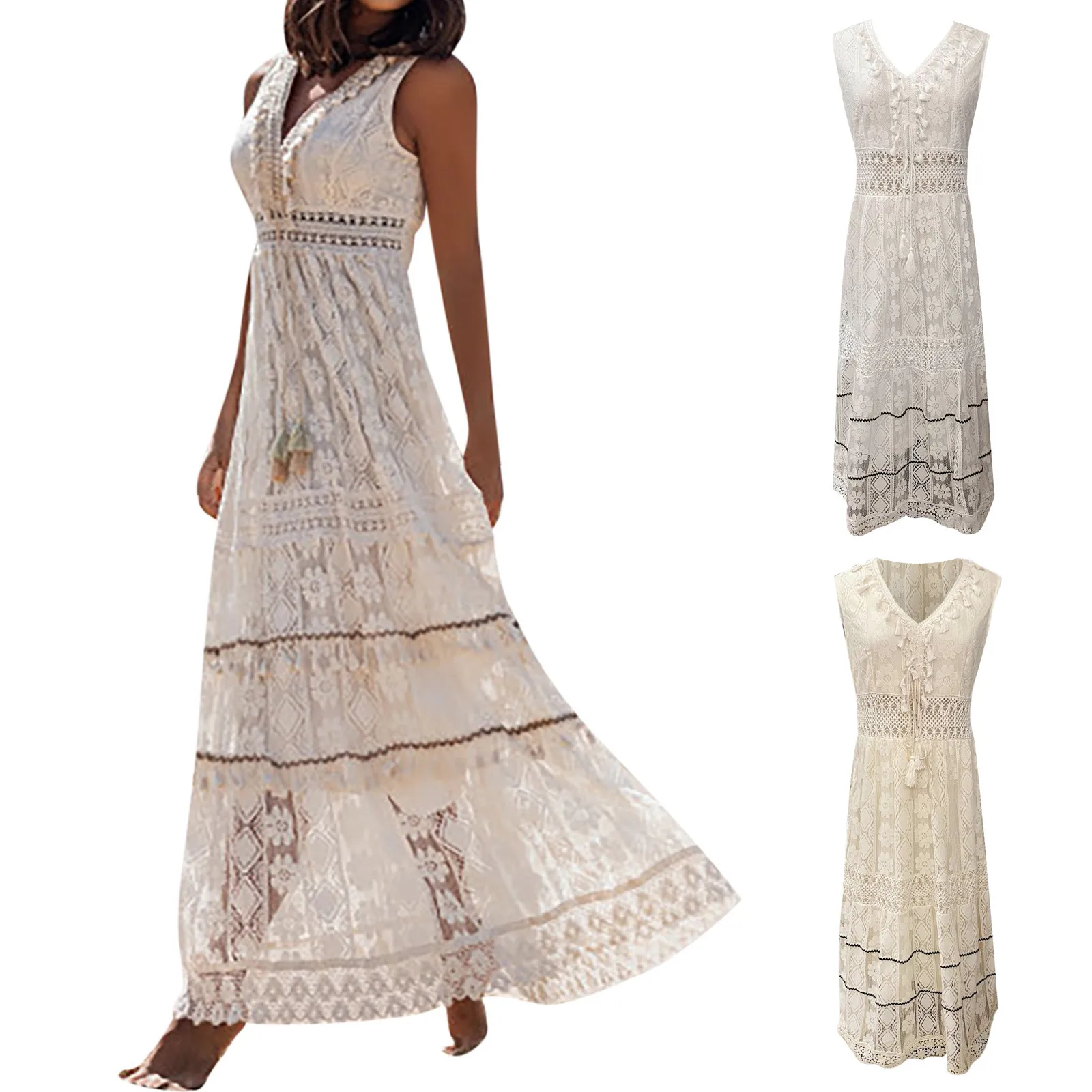 

Dress For Ladies Elegant Casual Fashion Bohemian Holiday Dresses V Neck Lace Printed Sleeveless Ankle Length Swing Maxi Sundress