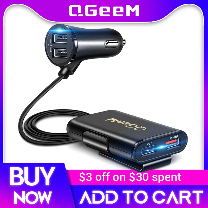 QGEEM 4 USB QC 3.0 Car Charger Quick Charge 3.0 Phone Car Fast Front Back Charger Adapter Portable Plug for iPhone