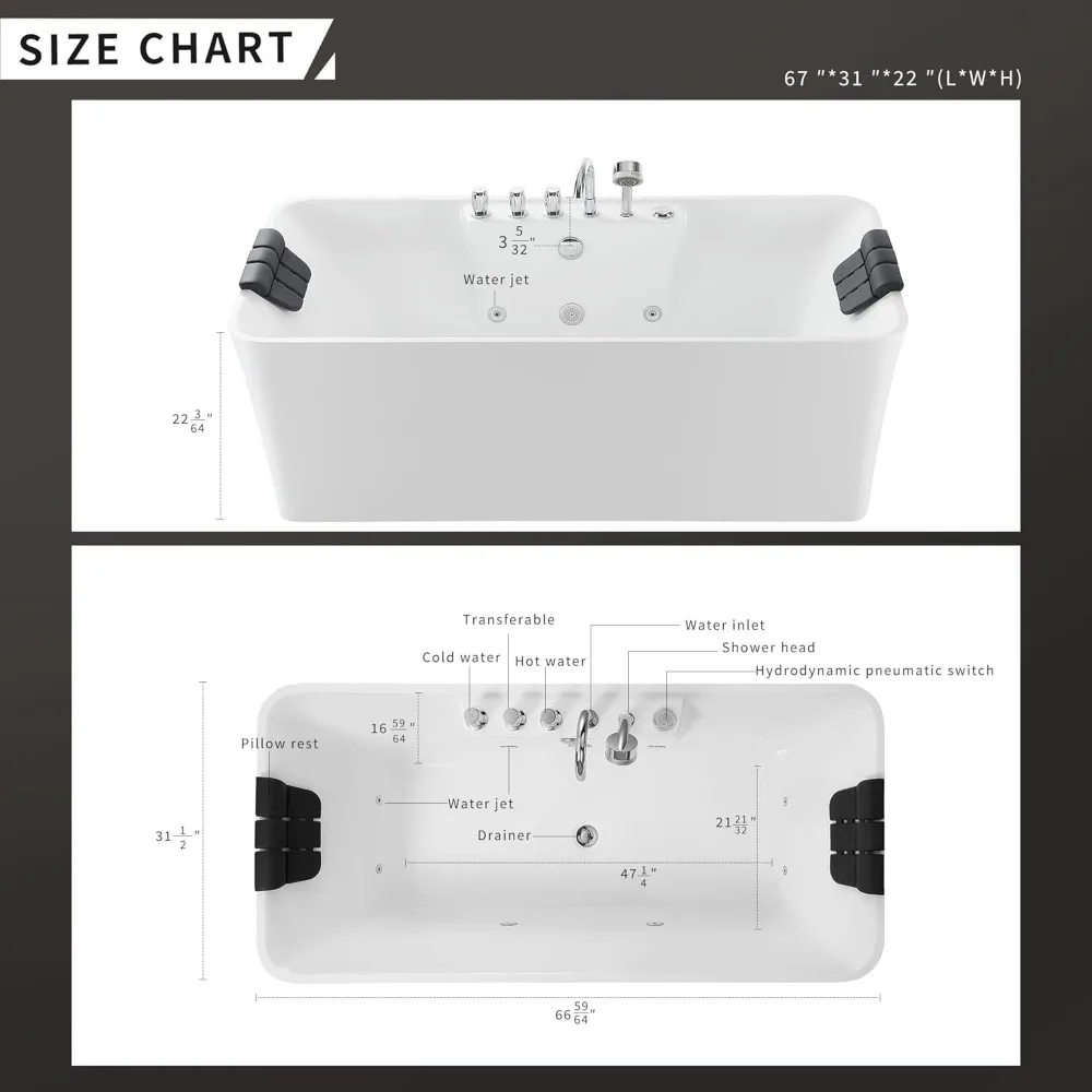 67" x 31.5" Freestanding Whirlpool Tub, 560W Stand Alone Jetted Bathtub, 70 Gallons, Rectangle,Ideal for Big-Boned or Busty 3