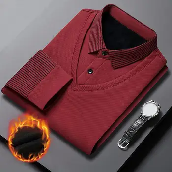 Maglione con colletto a camicia Maglione a righe stile business formale da uomo di mezza età con risvolto Pullover lavorato a maglia caldo in peluche spesso per l'autunno 1