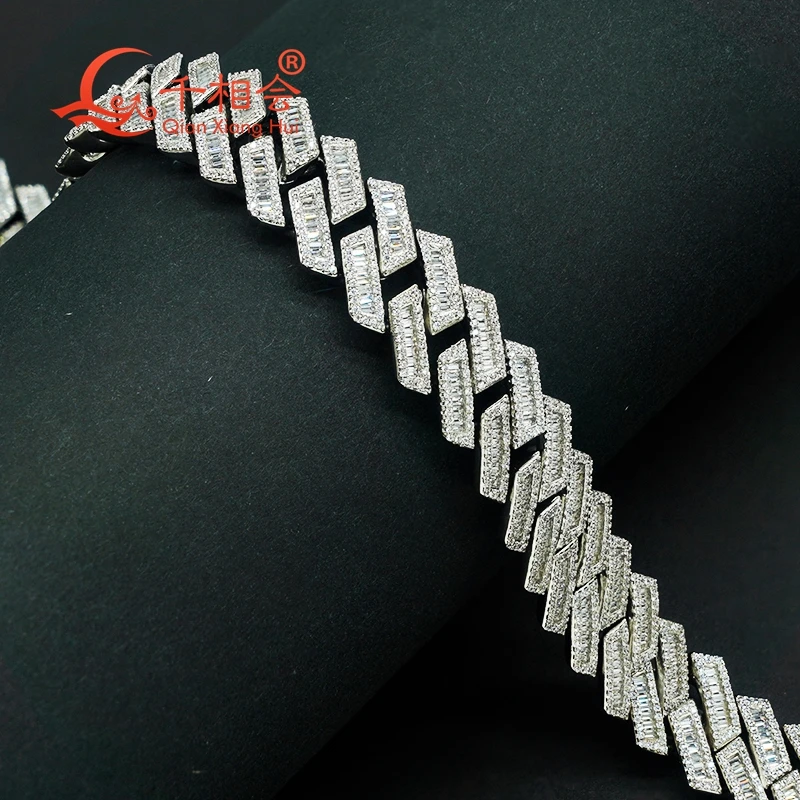 bracelet 18mm Wide trapezoidal rhombic baguette 925 Silver Cuban Link Iced Out Hip Hop white Moissanite  Chain Jewelry Women Men
