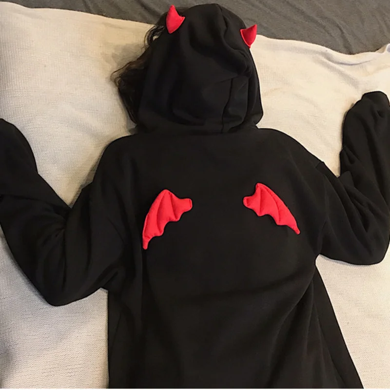 Harajuku Hoodies Girl Little Devil Horns Gothic Hooded Sweatshirts Women Demon Fly Wings Loose Pullovers Pocket Tops Streetwear black hoodie