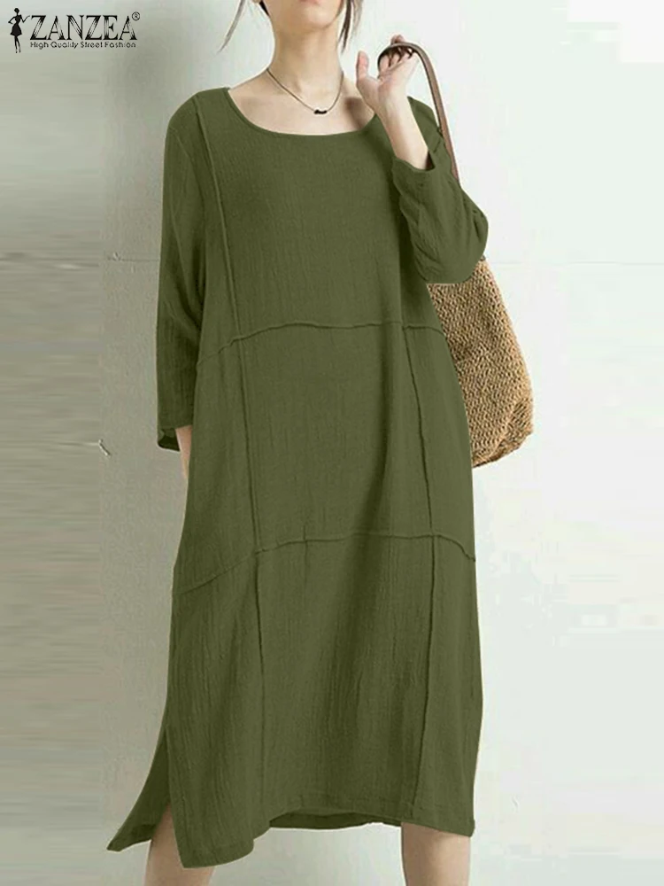

ZANZEA Women Fashion Pleated Desgin Dress Summer Elegant Solid Sundress Femme Causal Dresses Robe O Neck Work Vestido Oversized