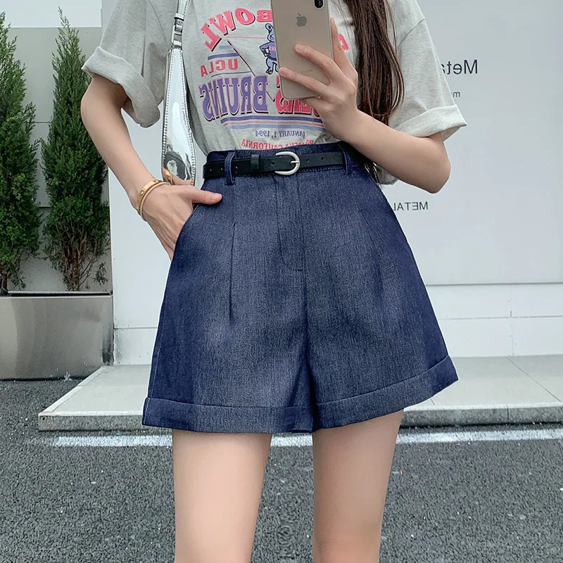 

Summer Denim Shorts Casual Suit Pants Loose Cuffed Glossy Pleated Pure Cotton Versatile Breathable Slimming High Pocket British