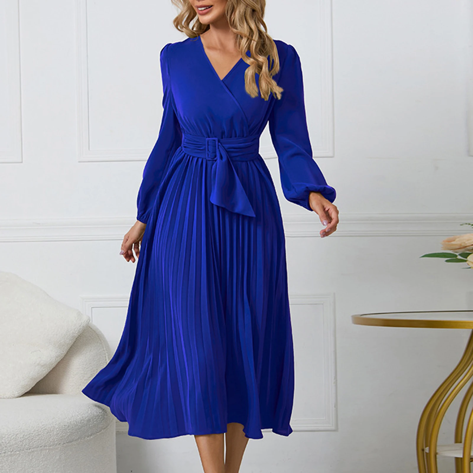 

Women Pleated Belted Dress V-Neck Flowy High Waist Dress Elegant Pullover Solid Color with Belted Cocktail Formal Dress