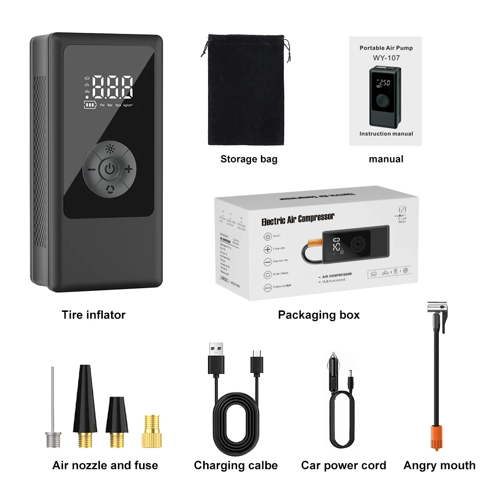 ضاغط هواء محمول لإطارات السيارات، مضخة هواء سريعة، منفاخ إطارات، مضخة هواء دقيقة للضغط للدراجات النارية وكرة الدراجة