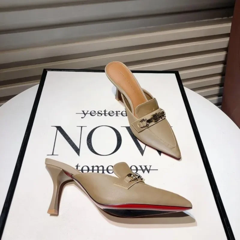 야외 하이힐 슬리퍼 여성용 신발, 2024 여름 트렌드 패션, 금속 체인 스파이크 샌들, 블랙 오피스 스틸레토 뮬 42