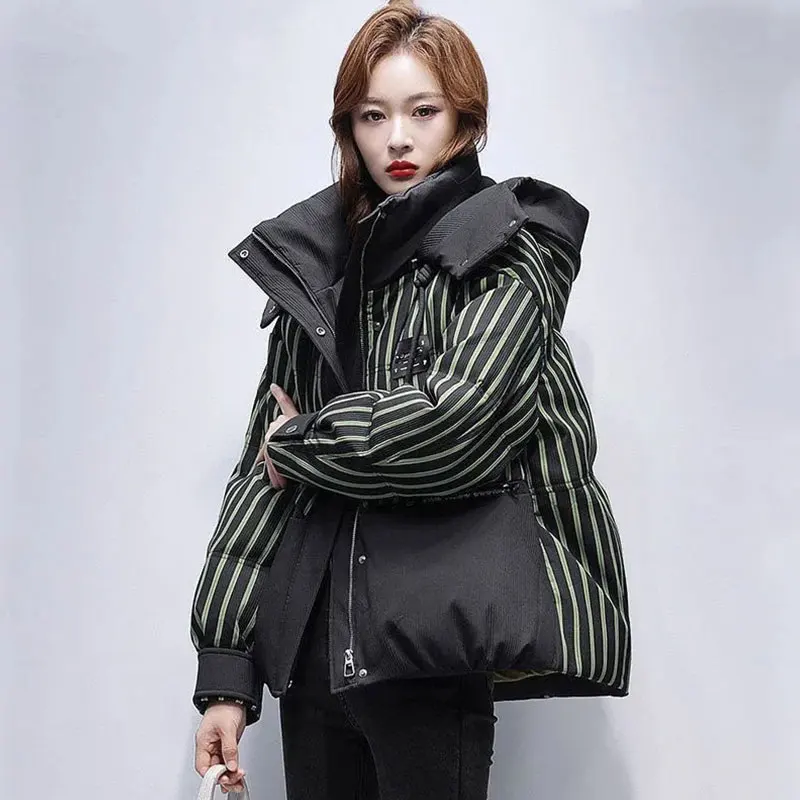 Elegant striped casual outfit oversized snow jackets hooded patchwork coats