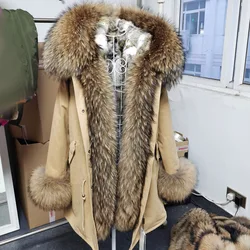 MMK 2023 Real Natural Raccoon Big Fox Fur Collar Parkas Long Female Winter Rabbit Lining Inner Jacket Fur Coat Outerwear