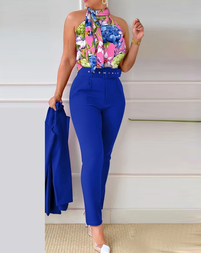 Women Two Piece Set 2024 Summer Tie Neck Sleeveless Retro Floral Print Tank Top & Casual High Waist Pants Set Without Coat