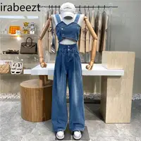 Summer Hot and Sweet Fashion Irregular Short Crop Halter + Two Buckle High Waist Loose Casual Wide Leg Pants Conjuntos De Jeans 1