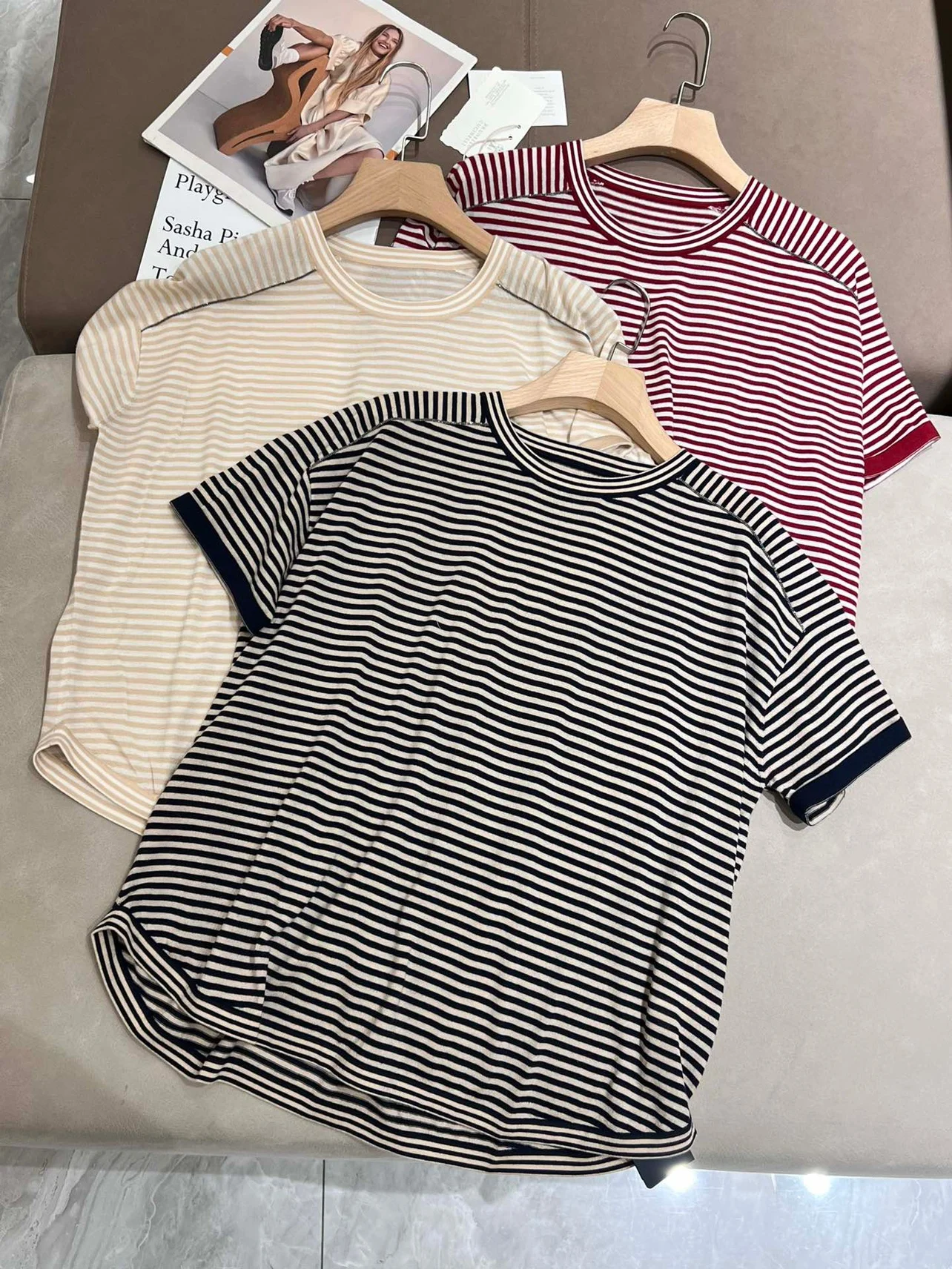 

Summer B*C Women's T-shirt Silk Wool Striped Top O-Neck Pullover Tops For Female Clothing Knitted Short Sleeve T-shirt