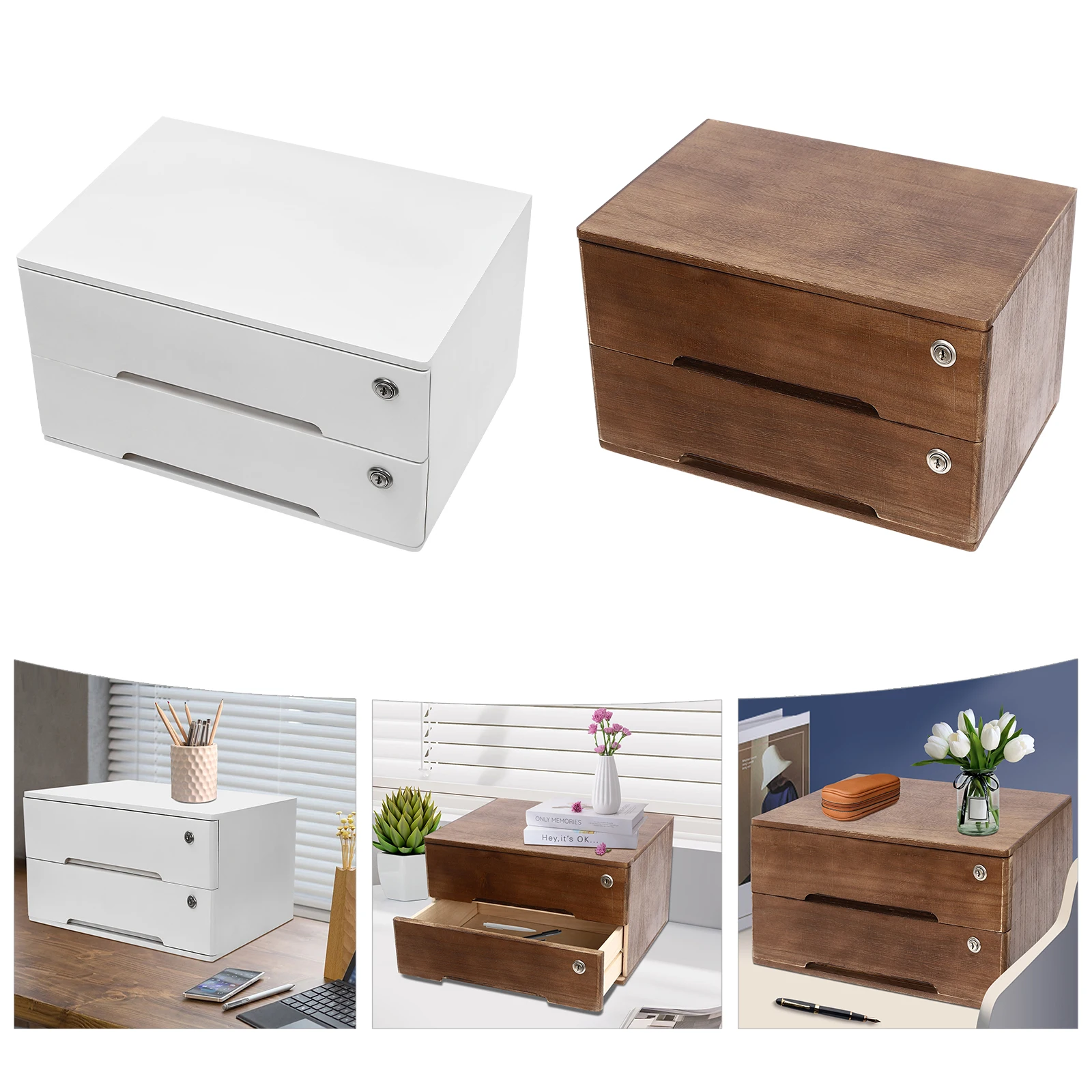 2 Layers Wooden Office Supplies File Organizer Flat File Cabinet Desktop Storage Box with Lockable Drawers White/Walnut