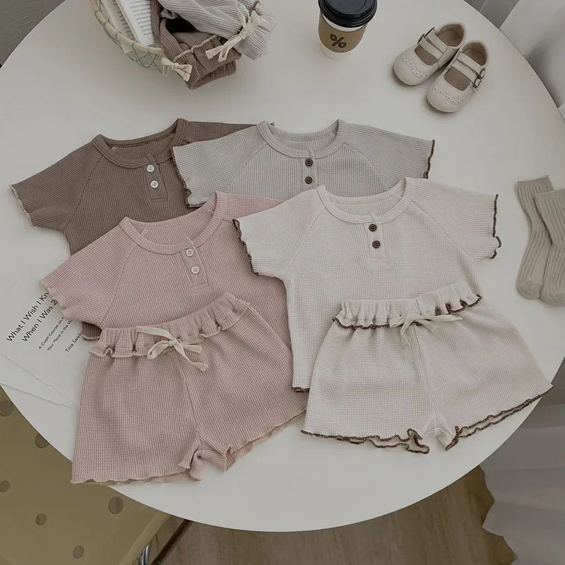 한국 스타일 반팔 와플 코튼 티셔츠 + 반바지, 0-3 세 아동복,  여아 의류, 세트, 2025 여름 신상