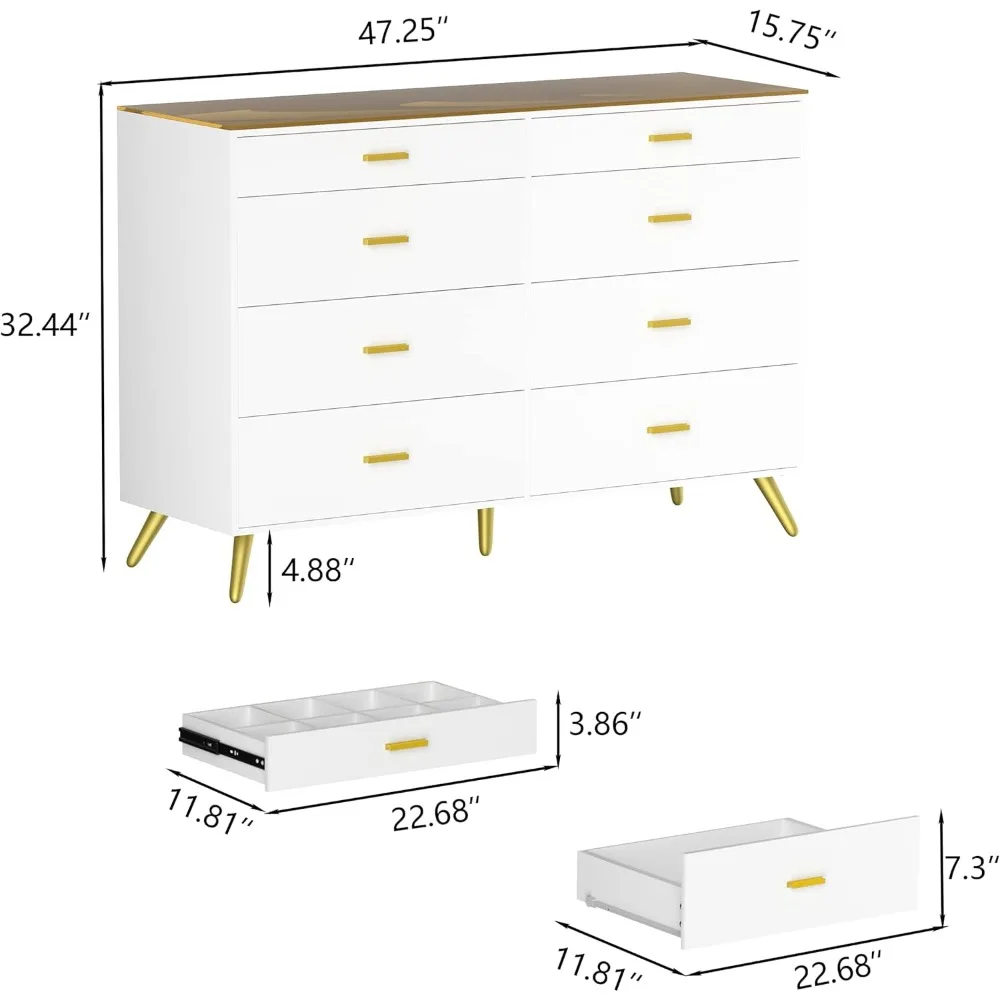 Dresser with LED Lights for Bedroom,8 Drawer Dressers with Tempered Glass Top,Chests of Drawers with 2 Grid Drawer,Living Room 2