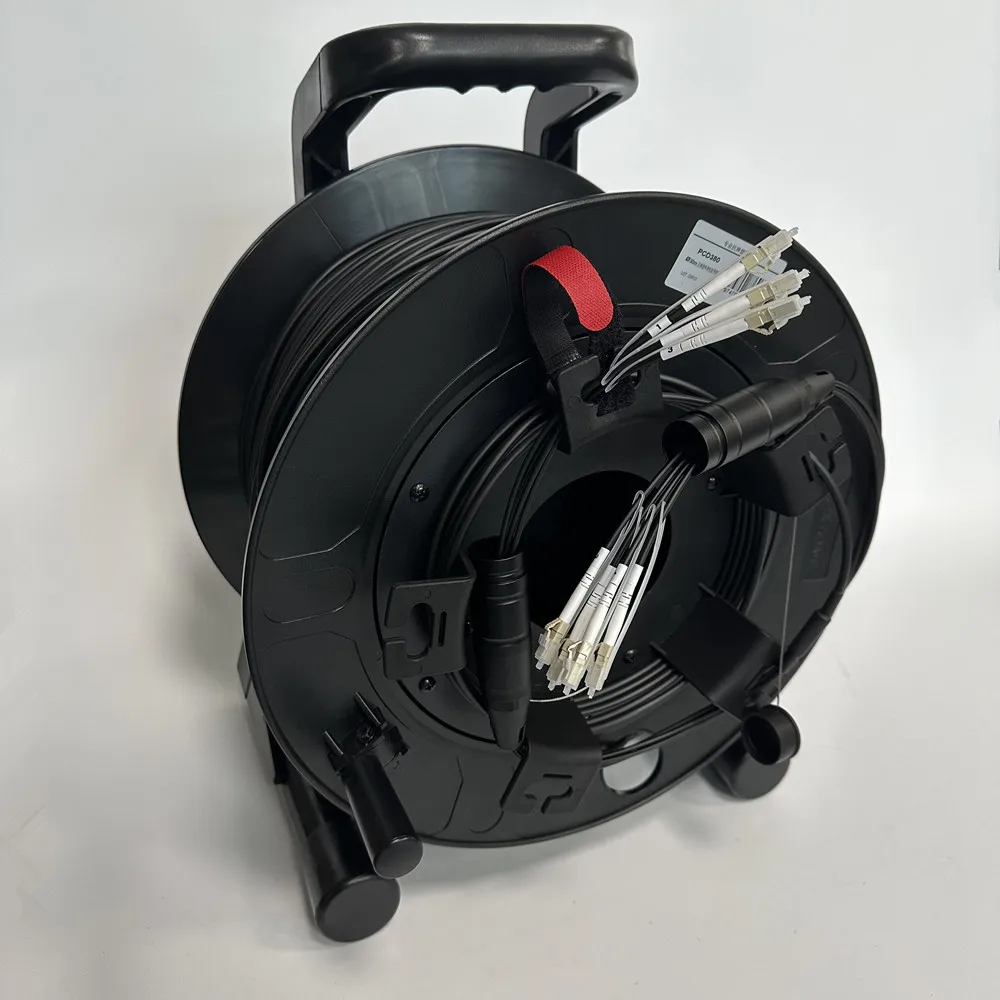TPU Armored Optical Cable,OM3 Multimode, 2/4/6/8/12 Core,Flexible Fiber Optic Jumper,With Drum PCD310,With Protective Cover,150m