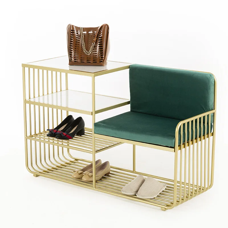 

Customized Shape/Size Decorative Bench For Indoor Iron Art Shoe Cabinet Shoe Rack Metal Bench Leather Sit With Shoe Rack