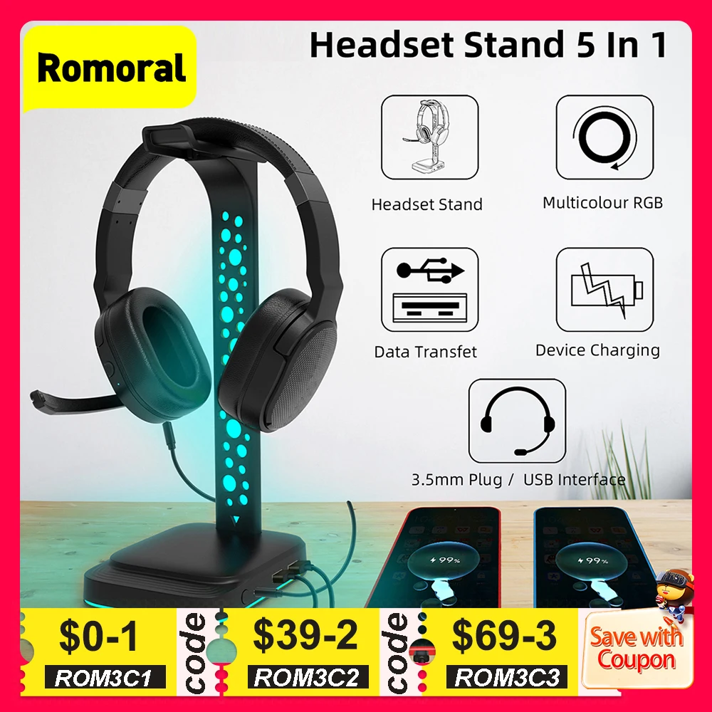 

RGB Headset Stand 3.5mm AUX Type-C 2 USB Ports Headphone Holder Rack for Desktop Gamers Gaming Earphone Accessories