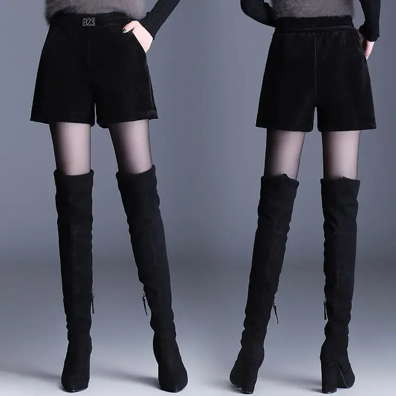 Elegant High Waist Golden Velvet Shorts Spring Autumn New Solid Color Loose Black Wide Leg Pants Fashion Casual Women Clothing