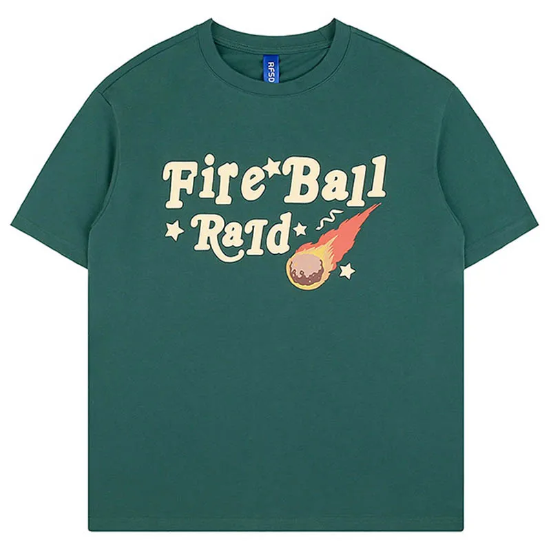 

Summer Retro Fire Ball Print T Shirt Cotton Harajuku Loose Top Tees Mens Couple Streetwear Tshirt HipHop Vintage O-neck T-Shirt