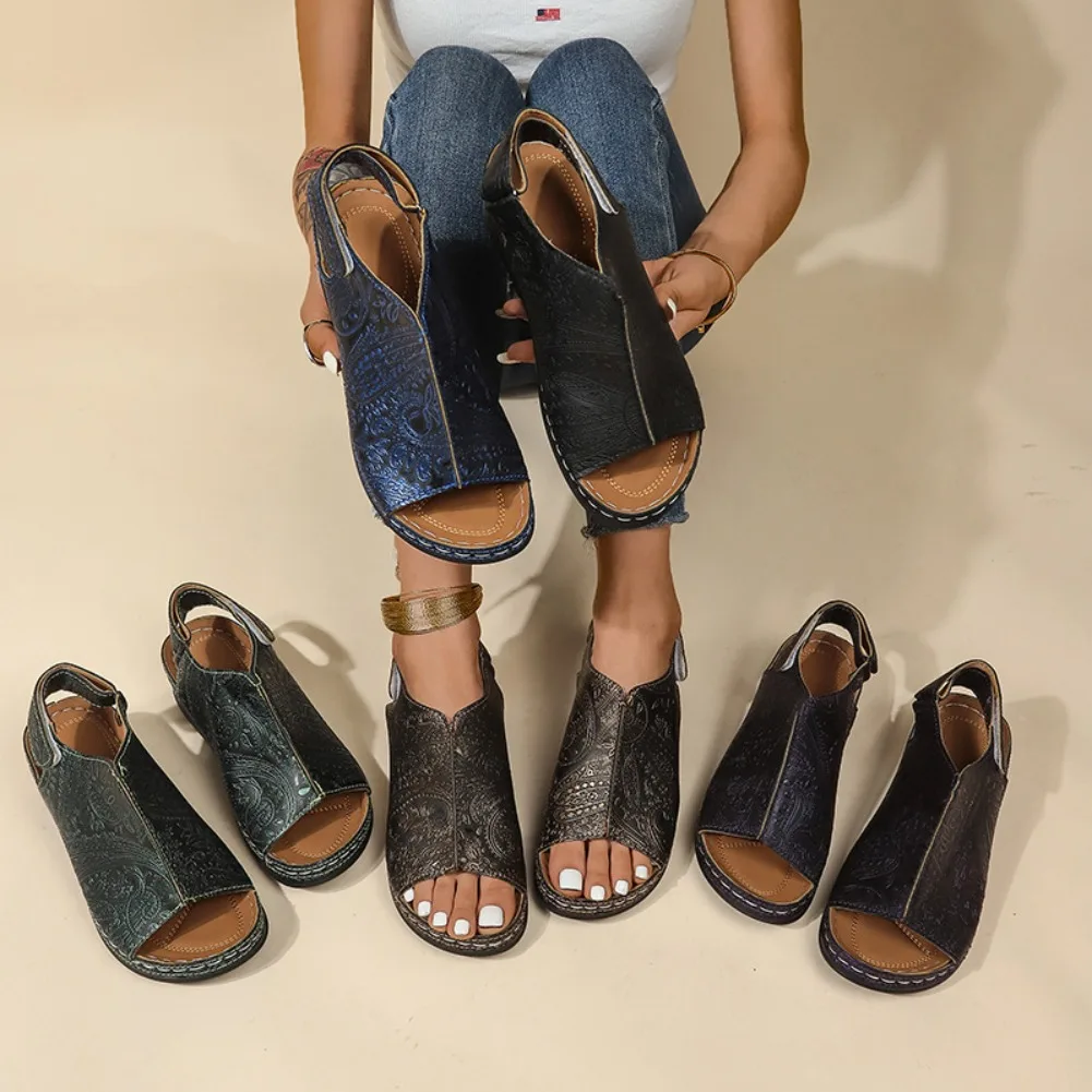 Women's Thick Heel Sandals 2025 Summer New Large Size Roman Style Slip-On Shoes with Magic Tape for Outdoor Wear PU Material