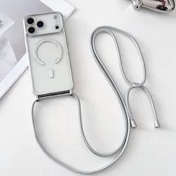 Elegant Magnetic Clear Phone Case with Luxury Necklace Cord and Plated Lanyard - iPhone 15 Plus (Silver)