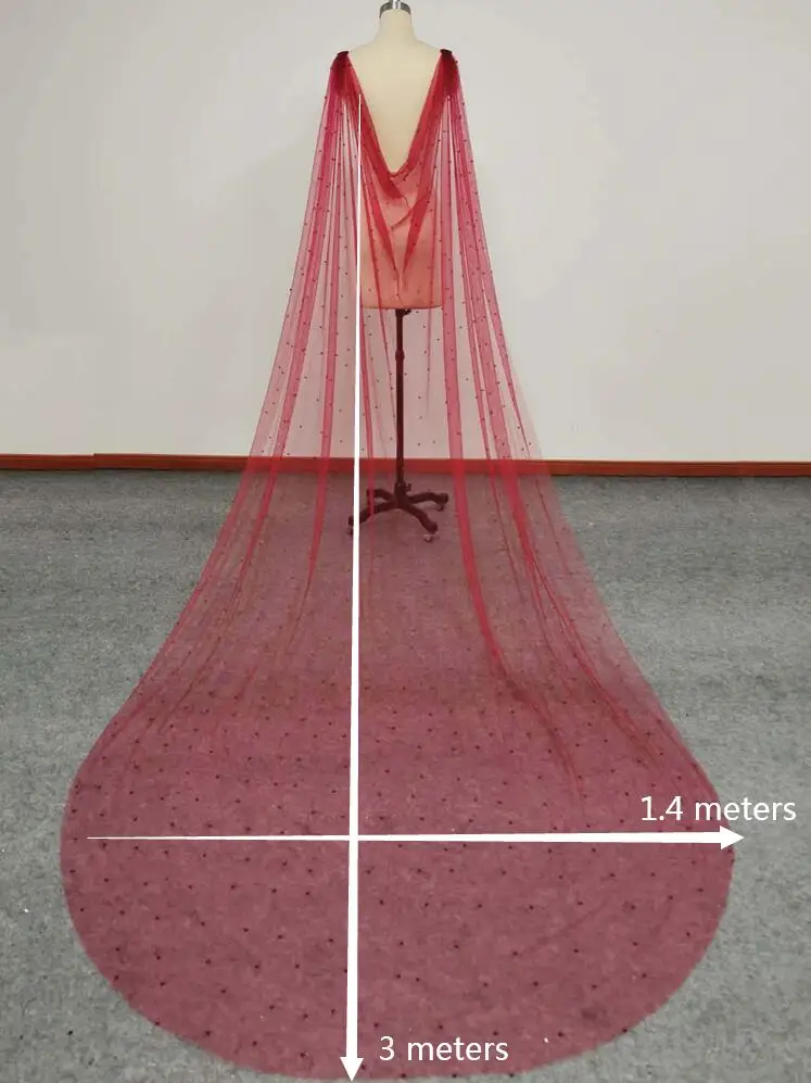 Burgundy Pearls Wedding Cape with Pins 3 Meters Long Bridal Bolero with Pearls Shoulder Veil Wedding Accessories