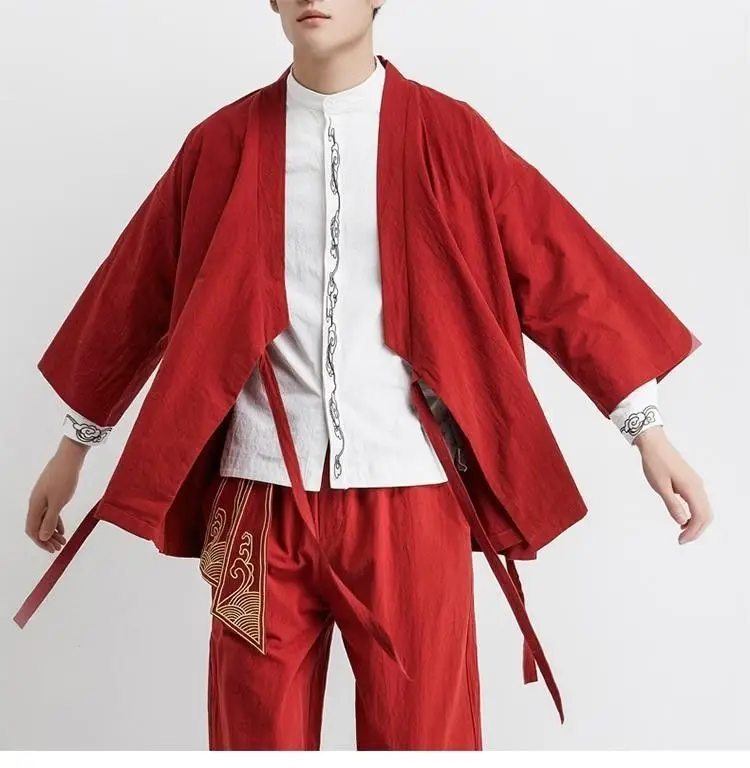 Plus Size Men's Kimono Cardigan Jacket Cotton Linen Japanese Yukata Haori Loose Open Front Hanfu Coat Samurai Costume Streetwear