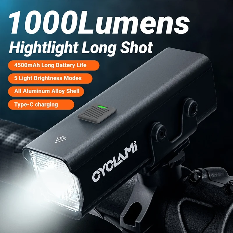 CYCLAMI 1000LM Bike Front Light Type-C Rechargeable LED 21700 4500mAh Waterproof Headlight