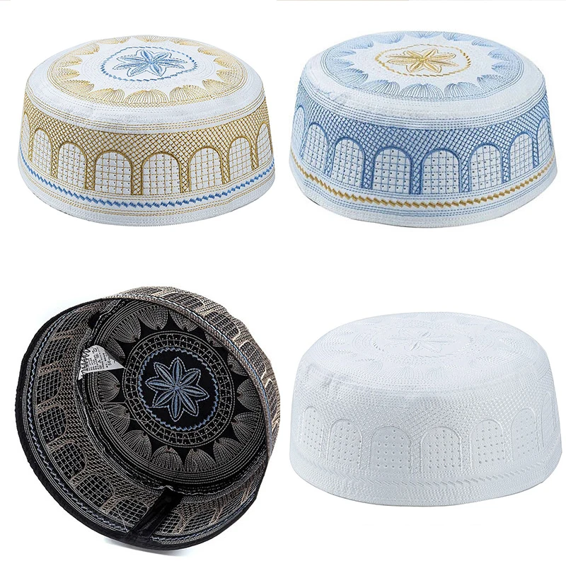 

56-59cm 4Colors Embroidery Islamic Men Hat Leisure Knitting Saudi Arabia Muslim Prayer Eid Namaz Ceremonies Keffiyeh Bonnet Caps