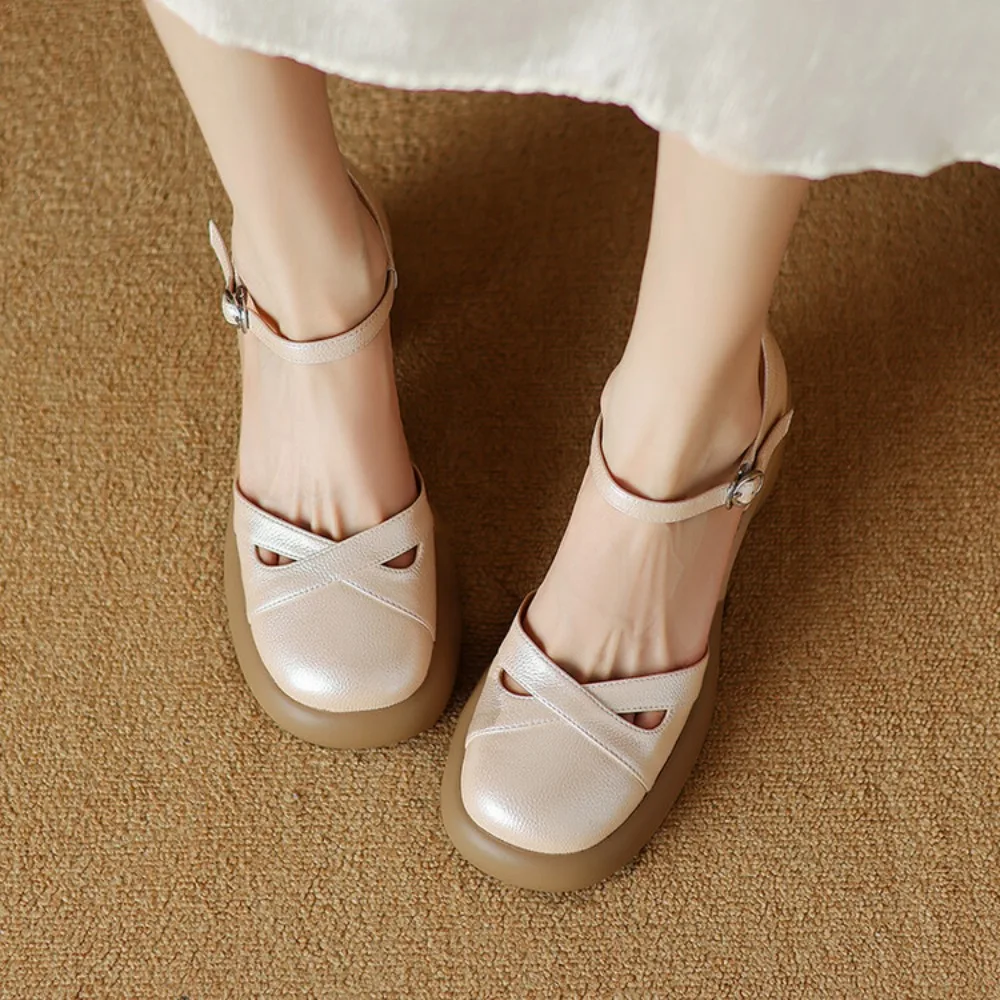 Summer New Genuine Leather Thick Sole Hollow High Heel Shoes for Women's Retro Versatile One Button Headband Thick Heel Sandals