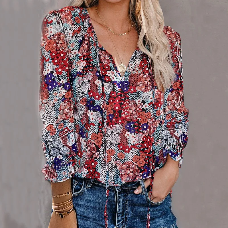 

Loose Fitting Flared Sleeves For Women's Autumn/winter Blouse 2023 Floral Fashion Printed Shirt V-neck Long Sleeved T-shirt Top