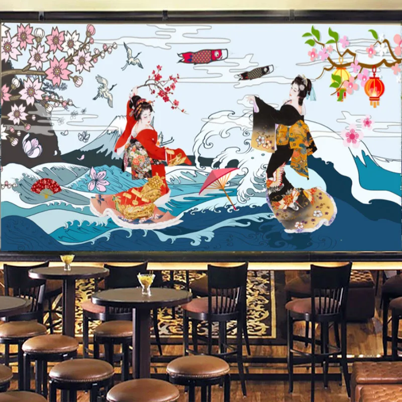 

Hand Painted Japanese Lady Sakura Mural Wallpapers Industrial Decor Sushi Restaurant Background Wall Paper Papel De Parede