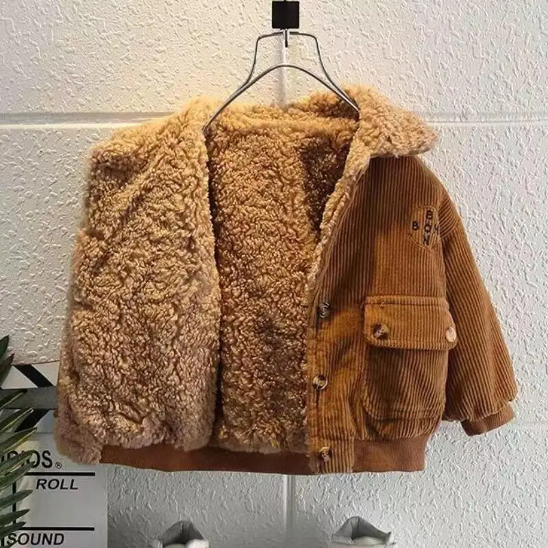 Corduroy Fur Coat For Boys Winter Jacket Lapel Plush Warm Outerwear Children Fashion Boys Thicken Lambswool Jackets 1-5 Years kids jackets