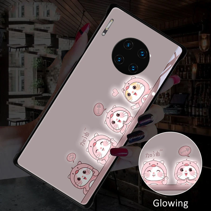 

Cute Cats Colorful LED Light Glow Luminous Tempered Glass Phone Case for OPPO Reno 4 5 6 7 8 9 Find X5 Realme X50 Pro Plus SE