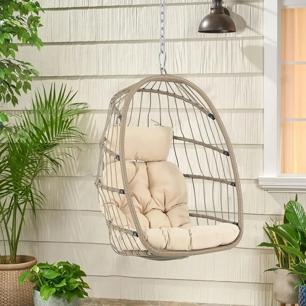 

Beige Chair Beach Swing Egg Basket Chairs With UV Resistant Cushions 350lbs Capacity for Patio Wicker Backyard Balcony Xmas Gift