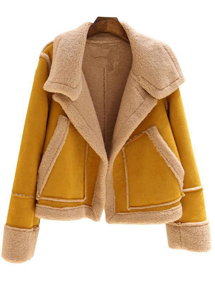 Women Cotton Warm Coat Winter Brown Plush Oversize Zipper Bomber Jacket Autumn Vintage Faux Suede Fur Coats 2022