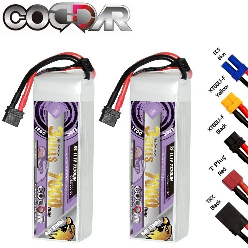 

Литий-полимерный аккумулятор CODDAR 120C 3S 11,1 В 7000 мАч с разъемом EC5/XT60/T/TRX/XT90 для FPV дрона, квадрокоптера, вертолета, литиевая батарея
