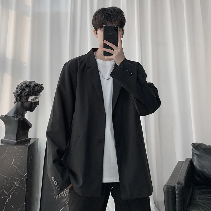 남성용 캐주얼 단색 루즈 긴팔 정장 재킷, 남성용 스트리트웨어, 데일리 아우터, 가을 정장 상의, 시크한 블레이저