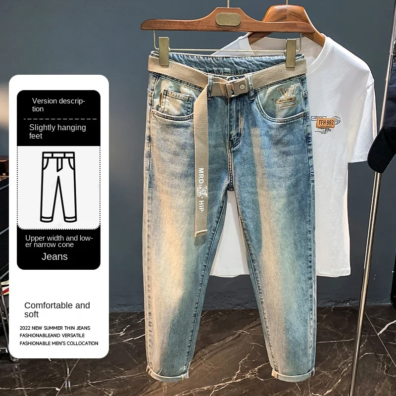 Thin Cropped Jeans For Men Washed And Trendy  Elastic And Casual New Embroidered Slim Fit Denim Pants For Summer