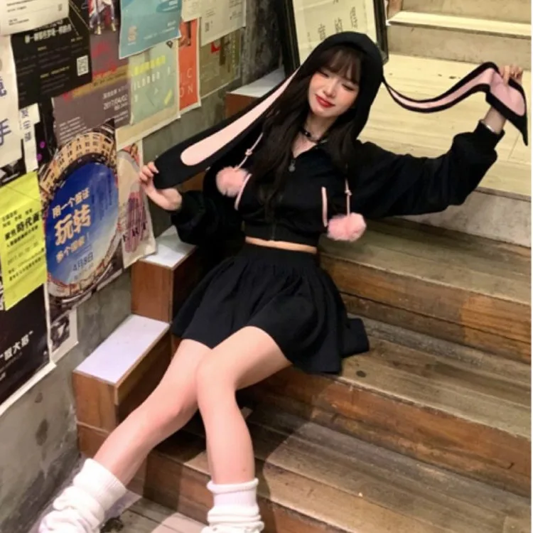 

Fall Y 2k Kawaii Rabbit Long Ear Short Hoodie Skirt Set For Women's Harajuku Gothic Grunge Cute Animal Hooded Top Two Piece Set