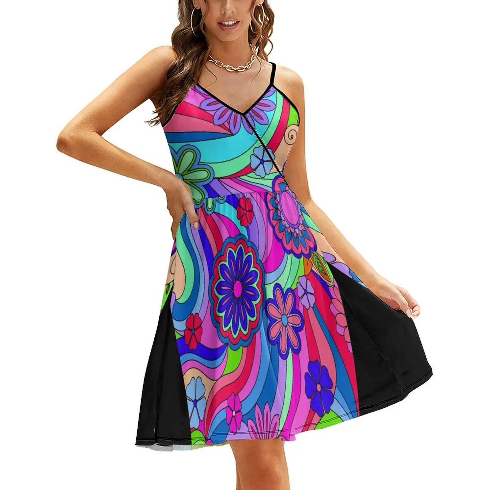 

Groovy Hippy Flower Power Cool Tones Sling Dress women's clothing trend 2024 summer dress daily Summer dresses for women
