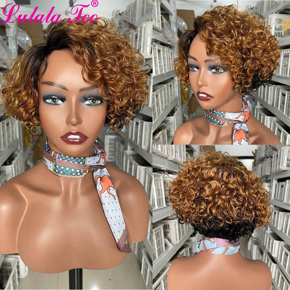 Color Gradient Women's Side Parted Short Curly Pixie Cut Bob,For Women Brazilian Remy Hair , Human Hair Wig Full Machine Wig