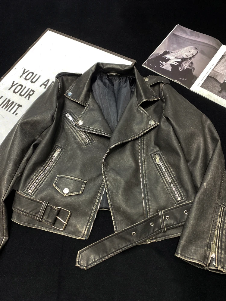 

FTLZZ New Spring Autumn Women High Street Vintage Faux Leather Short Jacket with Belt Lady Fashion Casual Moto Biker Pu Coat