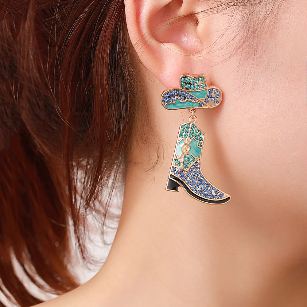 Western Turquoise Stud Earrings - Cowgirl Boots & Cattle Head Bohemian Style