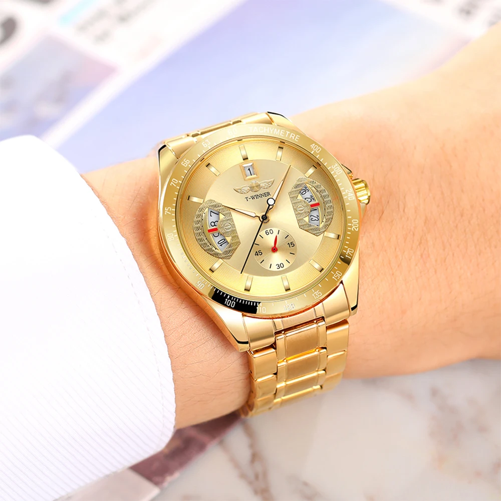 T-winner Men's Automatic Mechanical Watch 42mm Stainless Steel Strap Date Display Luminous Hands Waterproof Casual Fashion Gifts