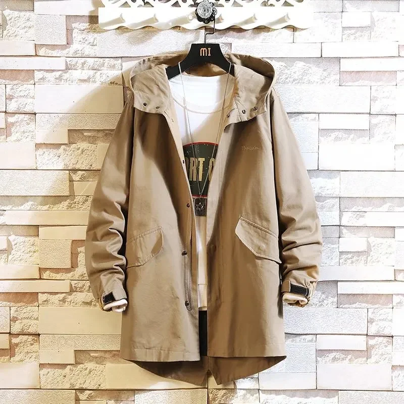 

Мужская одежда, весна-осень, тренчкот с капюшоном, Мужская модная Корейская универсальная свободная повседневная куртка для мужчин, ветровка средней длины