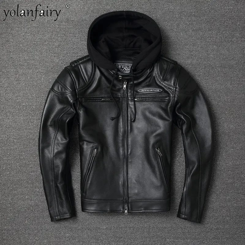 

Genuine Leather Jacket Men's Jackets Men Harley Pure Cowhide Motorcycle Jacket Can Be Put with Protective Gear Hooded Outsear FC