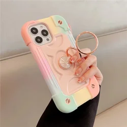 Shockproof Heavy Duty Silicone Kickstand Rugged Double Ring Cover - iPhone 12 Mini 13 Mini (Rainbow Rose Gold)